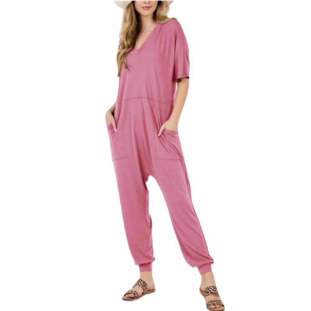 Comfy V-Neck Jumpsuit ONESIE with Pockets and Harem Cut Bottom - ROSE